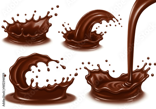 Indulge in decadent liquid chocolate splashes and dynamic pouring motion, creating a rich, mouthwatering visual experience perfect for dessert advertising and confectionery branding.
