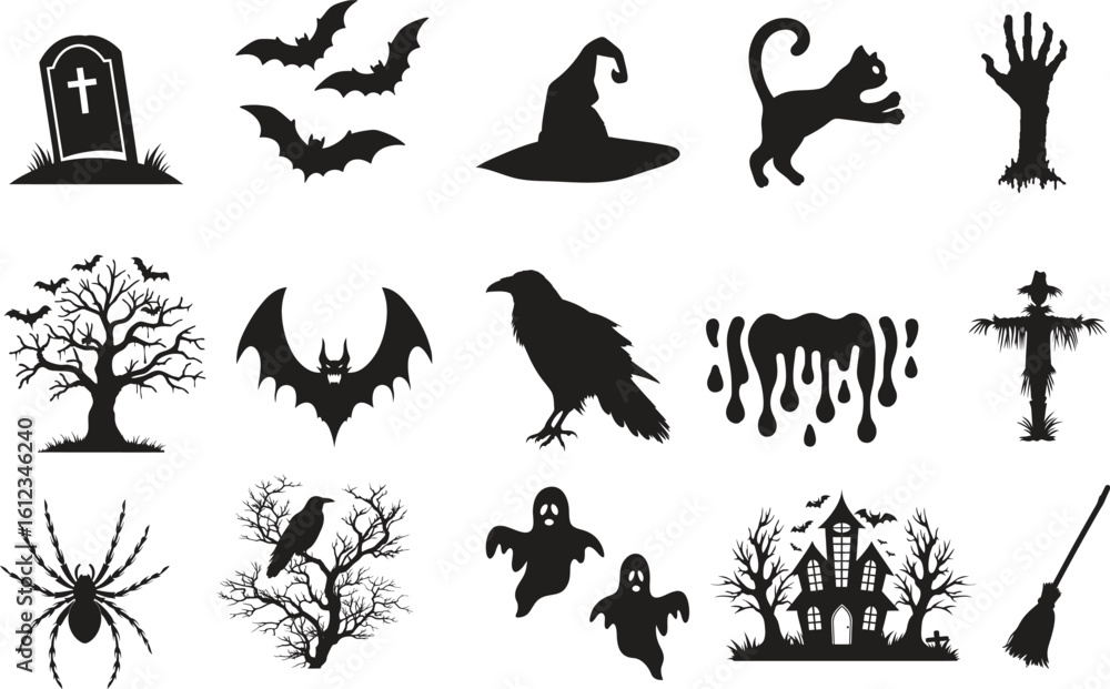 Naklejka premium set of halloween element silhouette collection. Black and white vector editable file. Bat, black cat, Black Witch Hat, Broomstick, crow on brunch of tree, fierce bat, ghost figures, vector, grave, hau