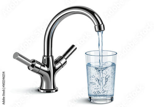 Crystal clear water cascades from a modern chrome faucet into a sparkling glass, promising refreshment and purity for any project.
