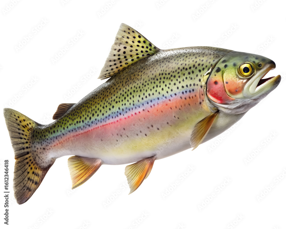 Fototapeta premium rainbow trout fish isolated on white background. PNG Transparent file type with high definition quality And vibrant color grading Available.