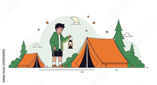 Boy With Lantern At Campground In The Forest Illustration