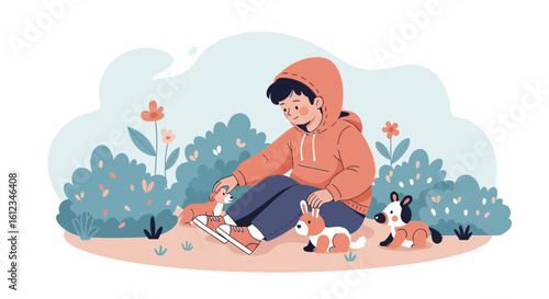 Boy With Hoodie Sitting Petting Small Dogs And Other Animal Toys Outdoors
