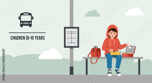 Boy With Lunchbox Waiting For School Bus Illustration Back To School Concept