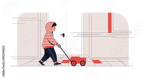 Boy With Red Toy Wagon Having Fun Indoor Playtime Activity Happy Childhood