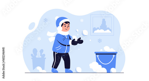Boy With Snowball In Winter Fun Activity Vector Illustration Style