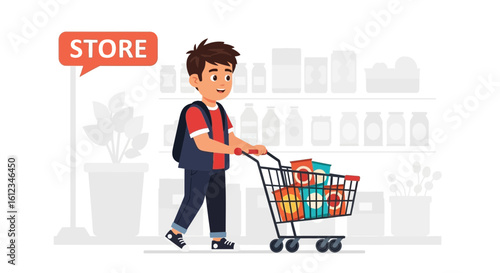Boy With Shopping Cart In Grocery Store Illustration Happy Consumption