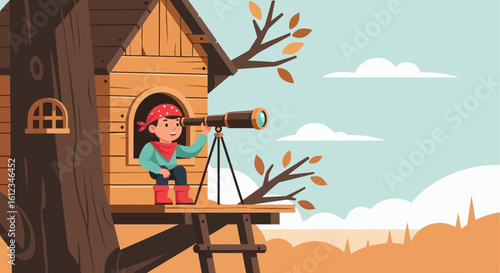 Boy With Telescope Adventure In Treehouse Cartoon Illustration Design
