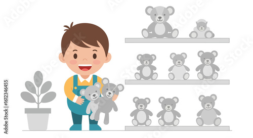 Boy With Teddy Bears Standing In Front Of A Shelf With Teddy Bears