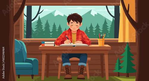 Boy writing in a cabin, surrounded by nature, trees, mountains, and cozy atmosphere making for a serene escape