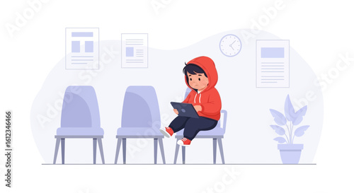 Boy Working On A Tablet While Waiting In A Room Illustration Design