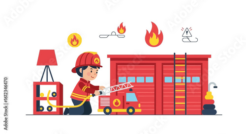 Brave Boy Pretending To Be A Firefighter During Fireman Roleplay