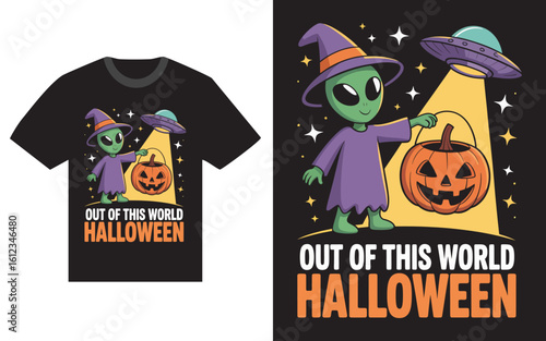 Vector art of alien in a witch hat with a pumpkin and ufo for halloween t shirt design
