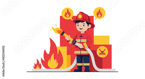 Brave Cartoon Firefighter Extinguishing Flames With Water Hose Illustration