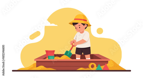 Boy Enjoying Summer Vacation Constructing Sandcastle In Sandbox Illustration