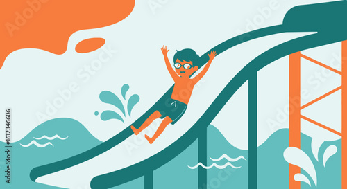 Boy Enjoying Summer Vacation On Water Slide With Joyful Excitement