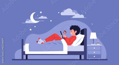 Boy enjoying using a tablet in bed at night under the moonlight and stars scene