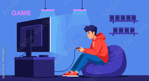 Boy Enjoying Video Game From Home On Television Console Entertainment