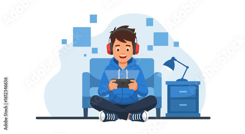Boy Enjoying Video Game On Smart Device Sitting In Modern Minimalist Room