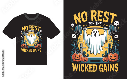 Vector art of ghost lifting weights with pumpkins and skulls for halloween t shirt design