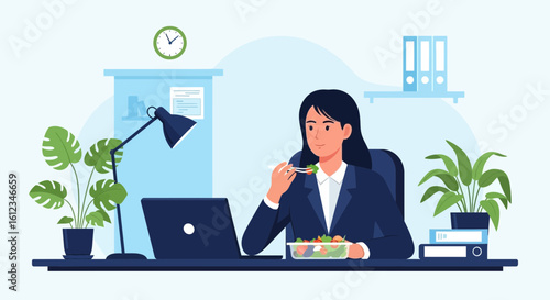 Businesswoman Eating Salad During Lunch Break In Modern Office Illustration