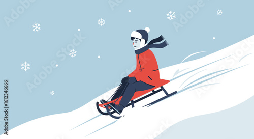 Boy Enjoying Winter Sledding In A Snowy Landscape And Falling Snowflakes