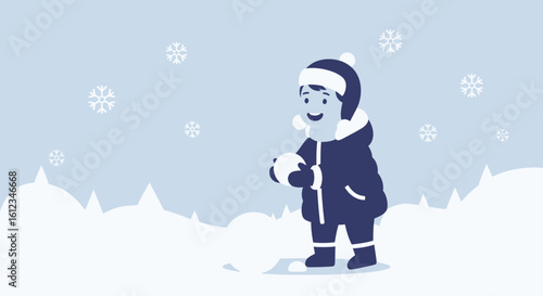 Boy Enjoying Winter Season Playing With Snowball In Snowy Landscape