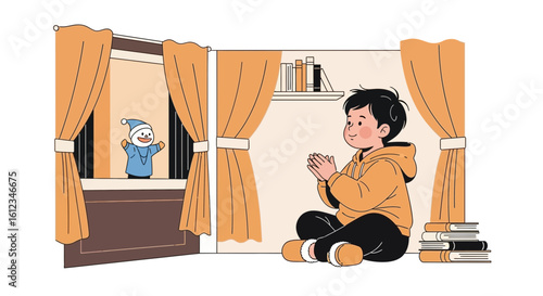 Boy Enjoys a Puppet Show in his Room with Books and Shelves