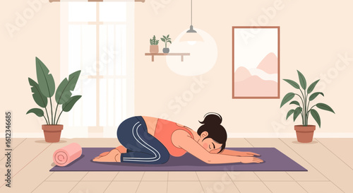 Calm Woman Practicing Child's Pose In Cozy Room At Home For Relaxation