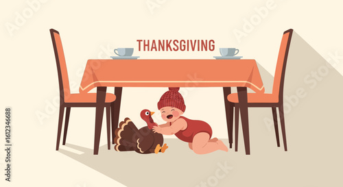 Adorable Thanksgiving Celebration Child Interacting With Festive Turkey Under Table
