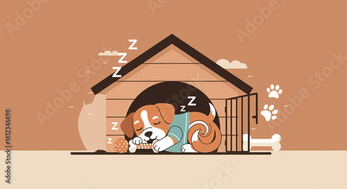Adorable Puppy Peacefully Napping Inside Cozy Kennel With Chewing Toy Cute Illustration