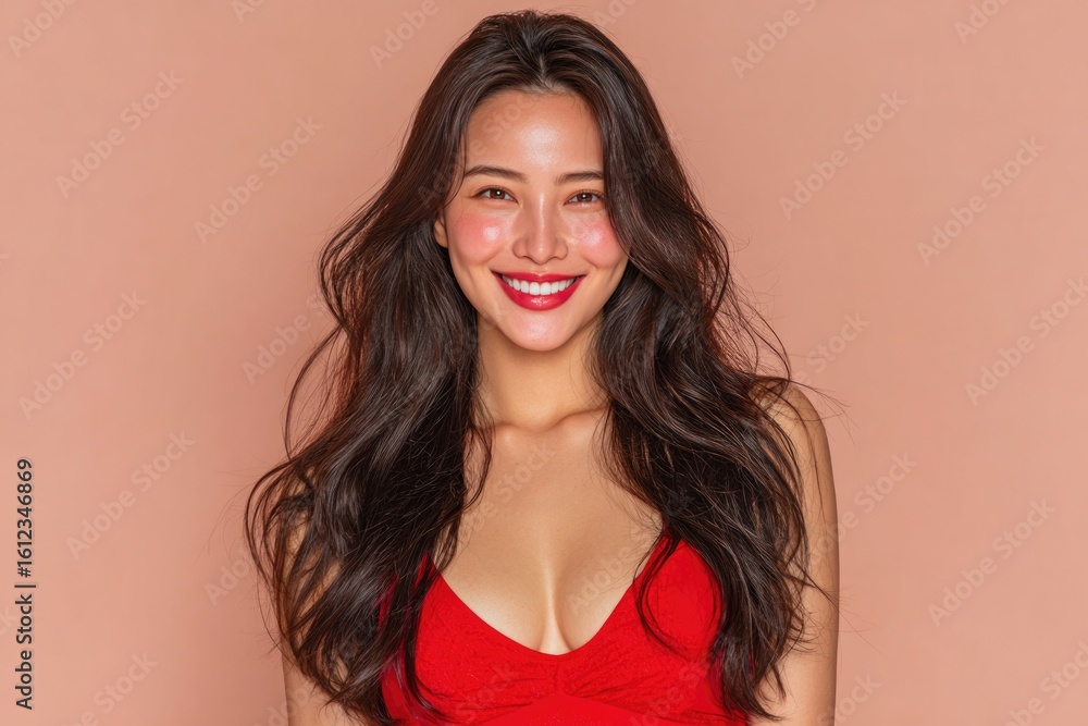 Fototapeta premium Beautiful Smiling Woman in Red Dress
