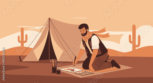 Adventurer Artist Camping in Desert Landscape Painting With Watercolor