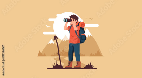 Adventurer Explores The Horizon With Binoculars During A Mountain Hike Trip