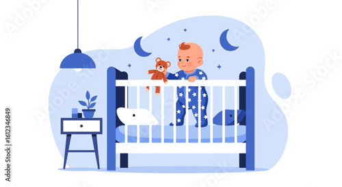 Adorable vector illustration featuring a baby standing in a crib with a teddy bear