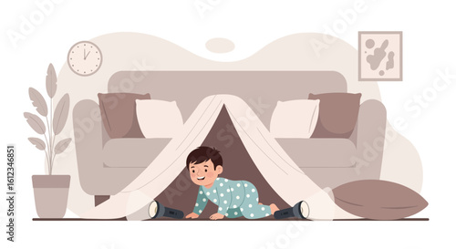 Adorable vector illustration of a child playing in a cozy indoor tent fort