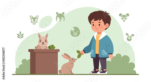 Boy Feeds Rabbit Cartoon Vector Illustration for Kids And Animal Lover