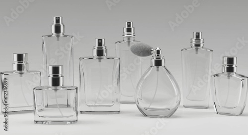 Elegant collection of clear glass perfume bottles with metallic spray pumps and atomizers displayed on a neutral background
