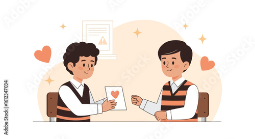 Affectionate Student Giving Heartfelt Card To Classmate On Classroom Setting