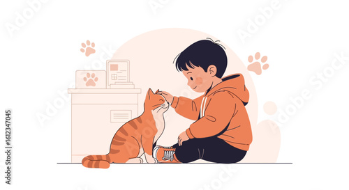Affectionate Young Boy Bonding With His Ginger Tabby Cat Pet Friend