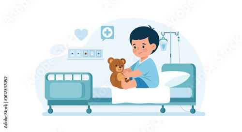 Affectionate Young Patient Cuddling Teddy Bear In Hospital Bed Receiving Treatment