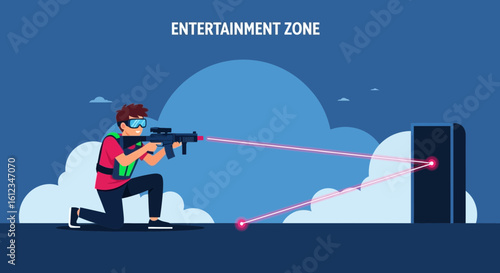 Cartoon Character Engaged In An Exciting Game Of Laser Tag Aiming For The Target