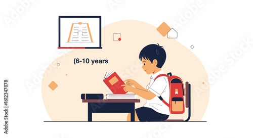 Boy Immersed In Book At Desk Depicts Elementary Education Learning Concept