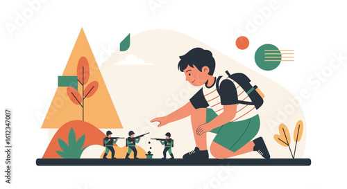 Boy Immersed In Imaginative Adventure Exploring Tiny Toy Soldiers World
