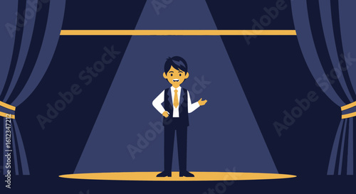 Animated Male Character Presenting Onstage with Curtains and Spotlight