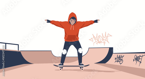 Boy In Orange Hoodie Skateboarding At The Skate Park With Open Arms