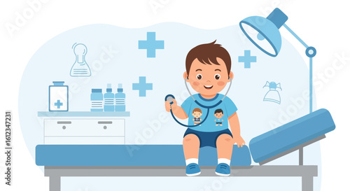 Cartoon illustration depicting a cheerful boy playing doctor with a stethoscope in clinic