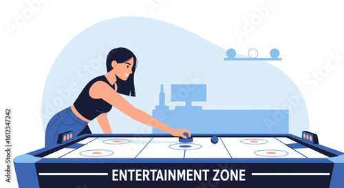 Animated woman enjoying a game of air hockey at an entertainment venue indoor
