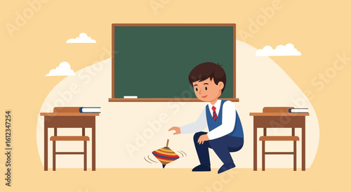 Cartoon illustration depicting schoolboy playing spinning top in the classroom with blackboard