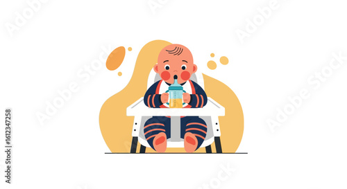 Cartoon illustration of a baby drinking from a bottle in a high chair during feeding time depicted in a modern style