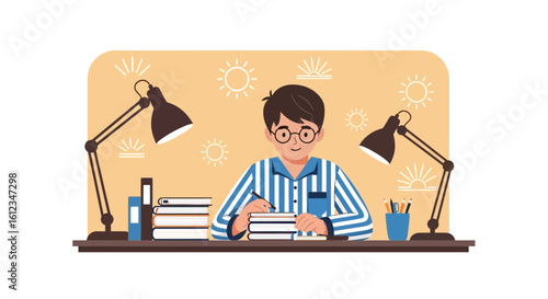 Boy In Pajamas Studying With Books Under Lamps Flat Vector Illustration
